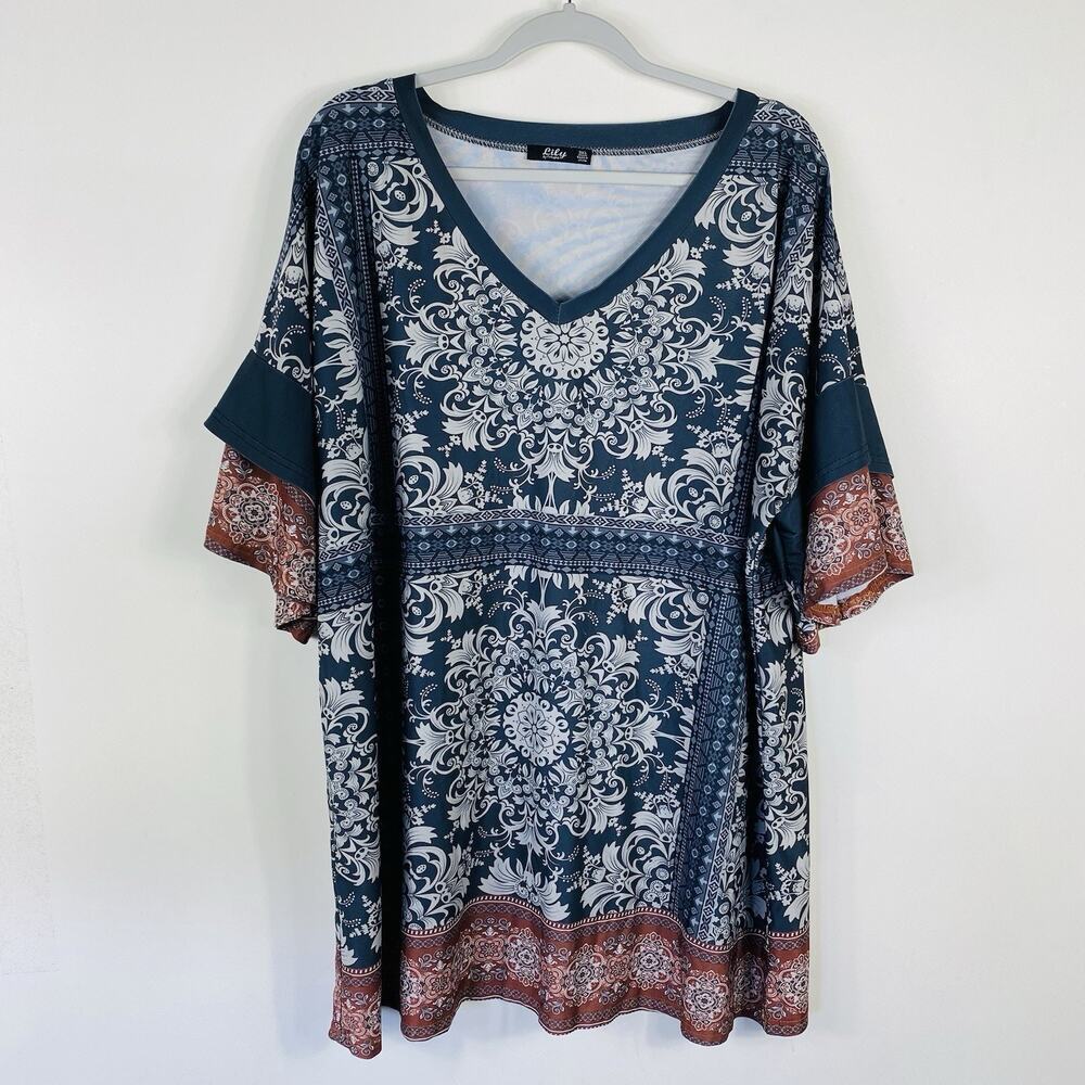 Lily By Firmiana Top 3XL Gray Tiered Sleeve V-Neck Tunic Casual Boho Artsy